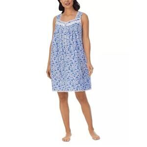 Eileen West Women's Short Cotton Sleeveless Nightgown Size Medium Blue Floral
